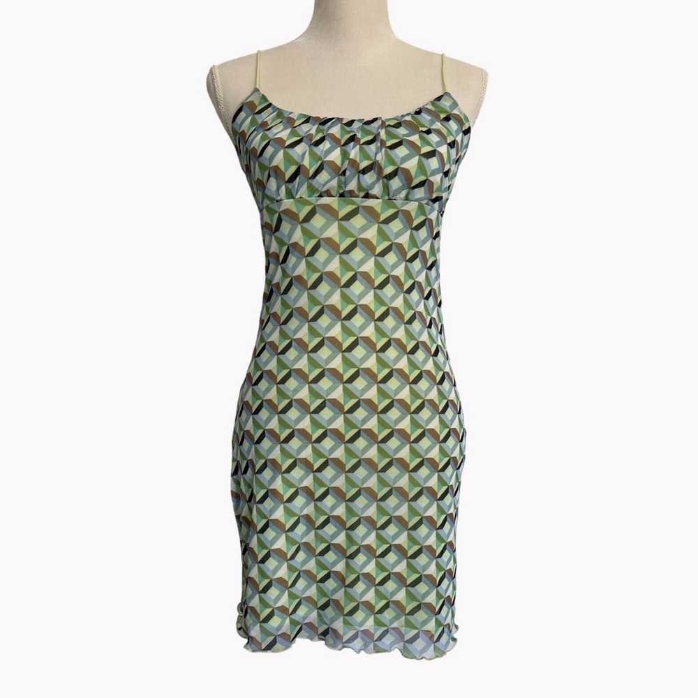 VTG Y2K Green Geometric Spaghetti Strap Slip Mini Dress Womens Empire Waist M